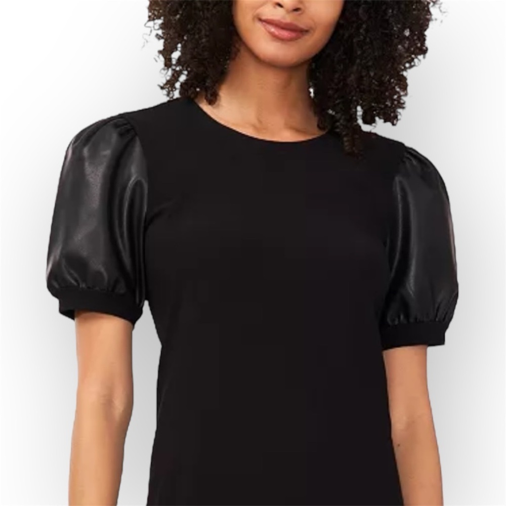 Cece Women's Faux-Leather Puff-Sleeve Crewneck Top (XL)